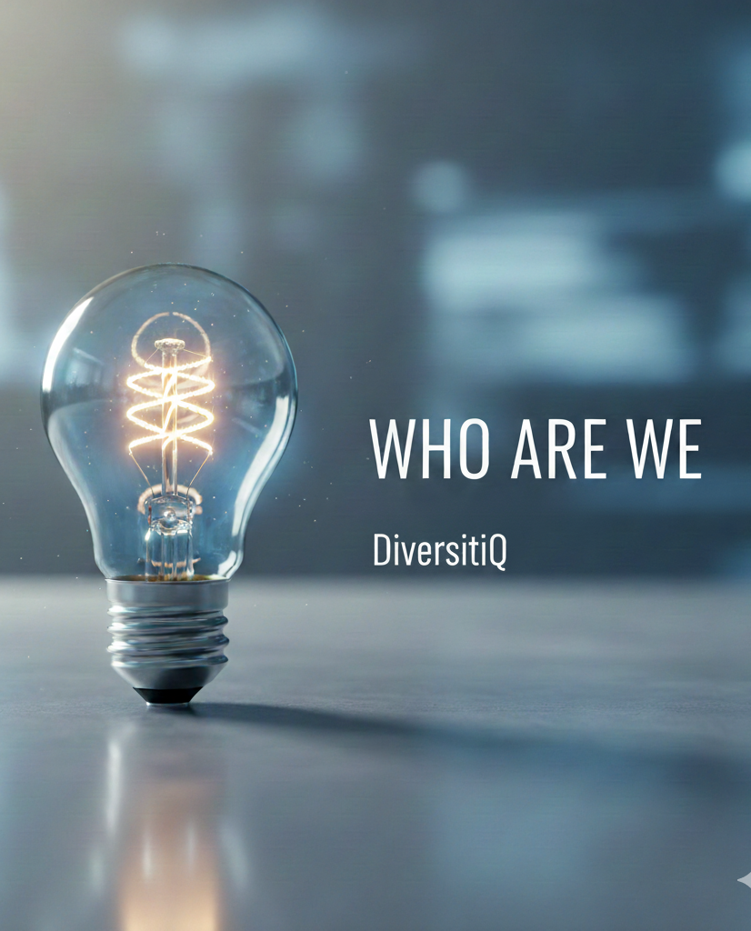 Light bulb glowing with text "WHO ARE WE" and "DiversityIQ" beside it.