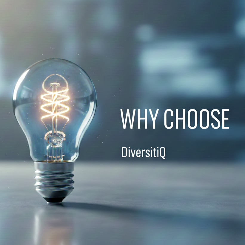 Light bulb with glowing filament and text "Why Choose DiversitiQ".